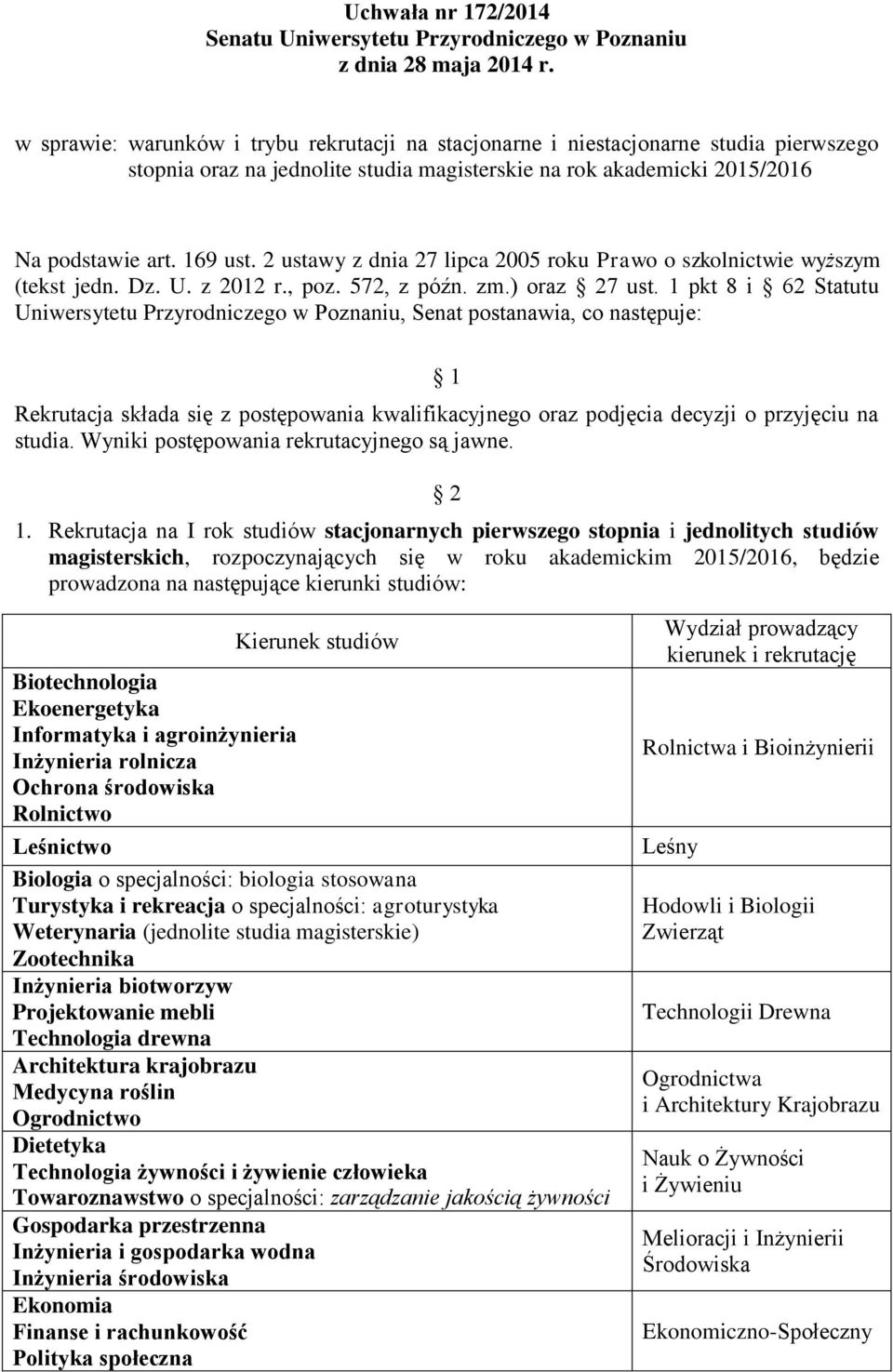 2 ustawy z dnia 27 lipca 2005 roku Prawo o szkolnictwie wyższym (tekst jedn. Dz. U. z 2012 r., poz. 572, z późn. zm.) oraz 27 ust.