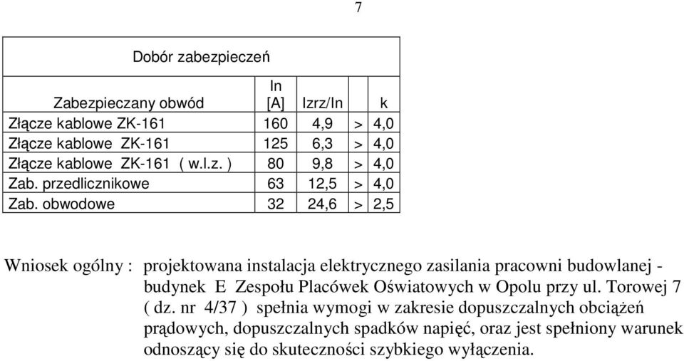 obwodowe 32 24,6 > 2,5 Wniosek ogólny : projektowana instalacja elektrycznego zasilania pracowni budowlanej - budynek E Zespołu Placówek