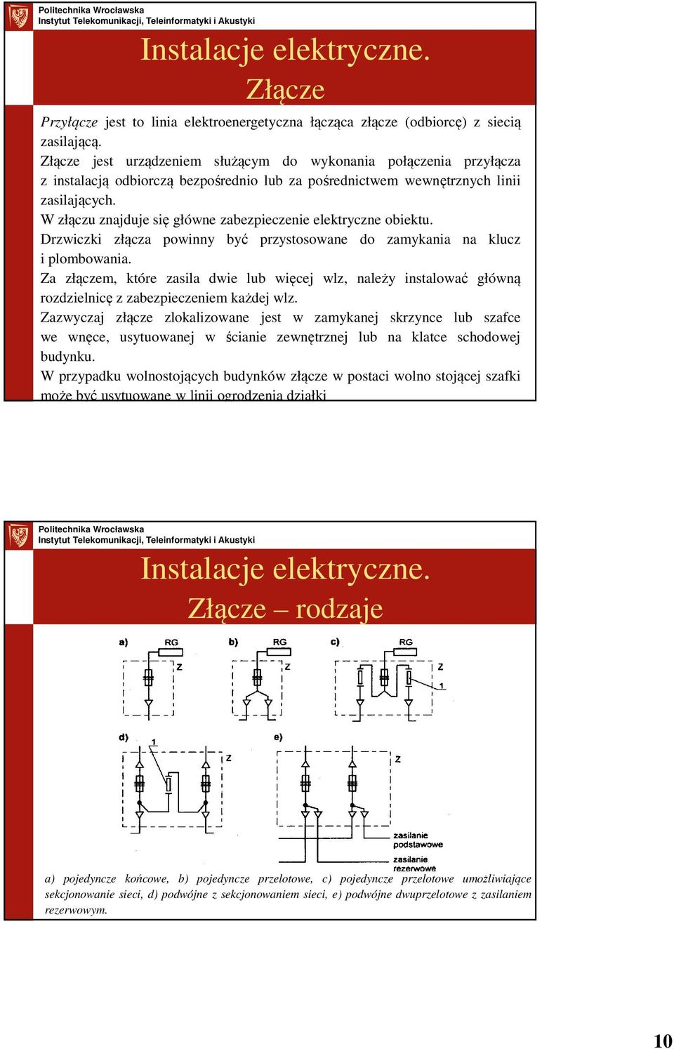 W złączu znajduje się główne zabezpieczenie elektryczne obiektu. Drzwiczki złącza powinny być przystosowane do zamykania na klucz i plombowania.