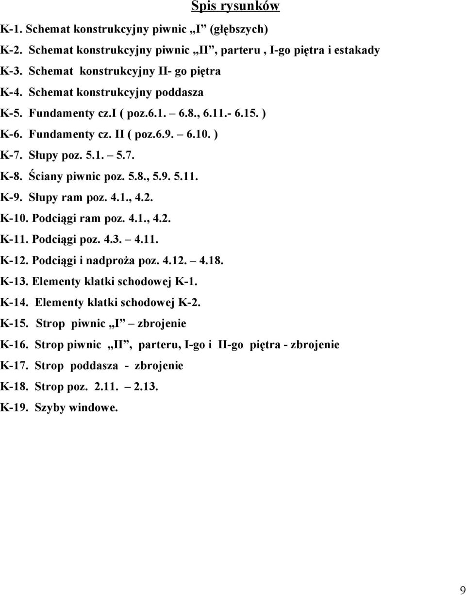 Słupy ram poz. 4.1., 4.2. K-10. Podciągi ram poz. 4.1., 4.2. K-11. Podciągi poz. 4.3. 4.11. K-12. Podciągi i nadproża poz. 4.12. 4.18. K-13. Elementy klatki schodowej K-1. K-14.