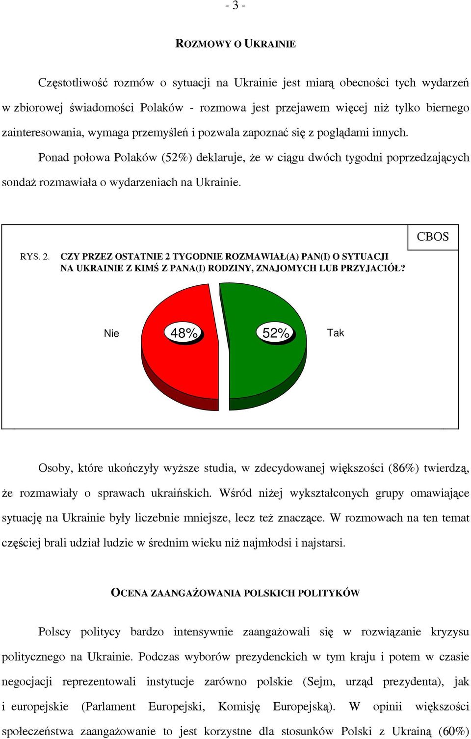 Ponad połowa Polaków (52%) deklaruje, że w ciągu dwóch tygodni poprzedzających sondaż rozmawiała o wydarzeniach na Ukrainie. CBOS RYS. 2.