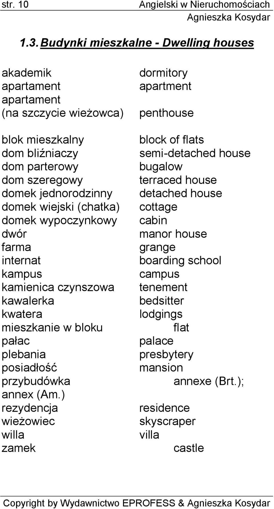 domek wiejski (chatka) domek wypoczynkowy dwór farma internat kampus kamienica czynszowa kawalerka kwatera mieszkanie w bloku pałac plebania posiadłość przybudówka annex