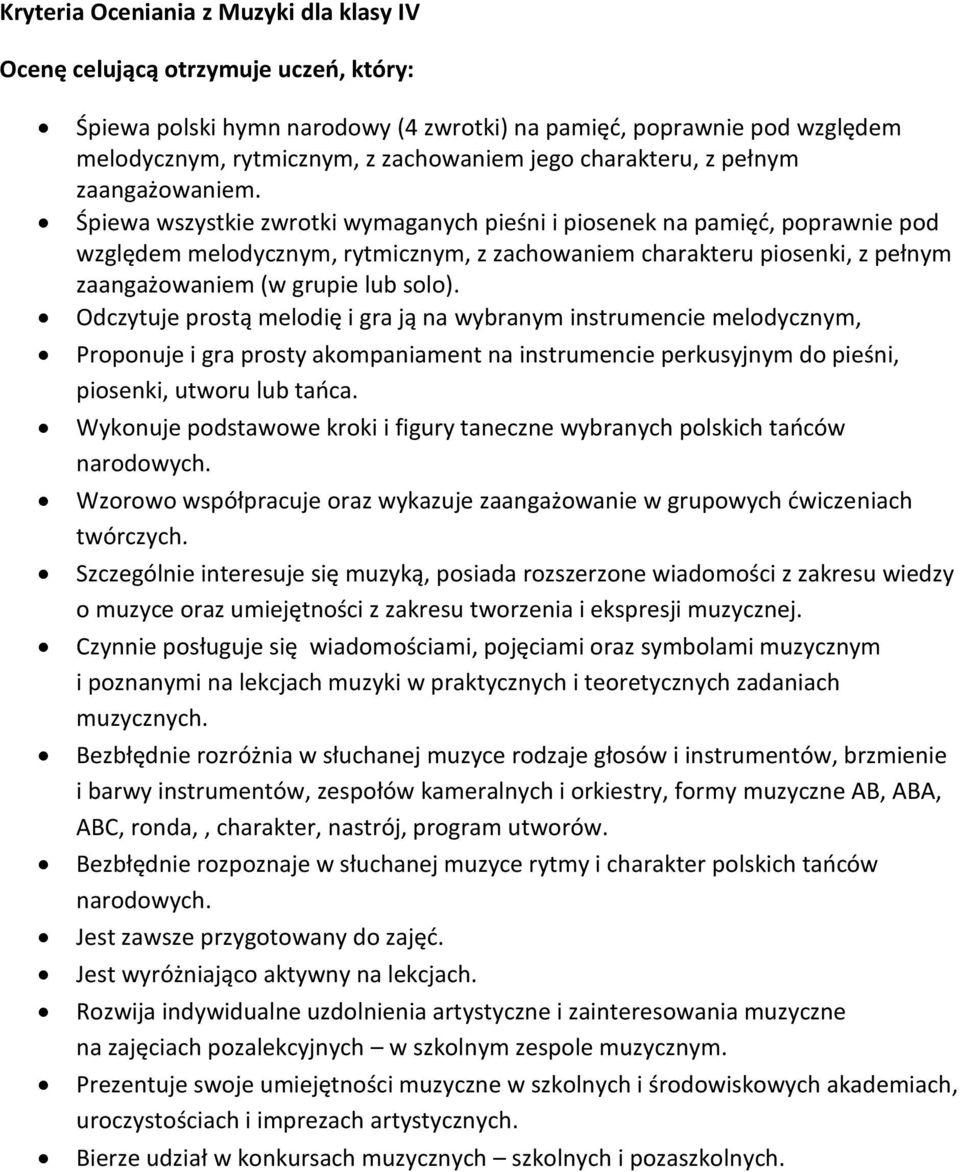 Śpiewa wszystkie zwrotki wymaganych pieśni i piosenek na pamięć, poprawnie pod względem melodycznym, rytmicznym, z zachowaniem charakteru piosenki, z pełnym zaangażowaniem (w grupie lub solo).