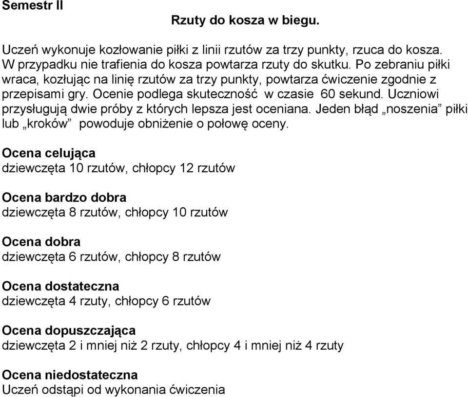 Uczniowi przysługują dwie próby z których lepsza jest oceniana. Jeden błąd noszenia piłki lub kroków powoduje obniżenie o połowę oceny.