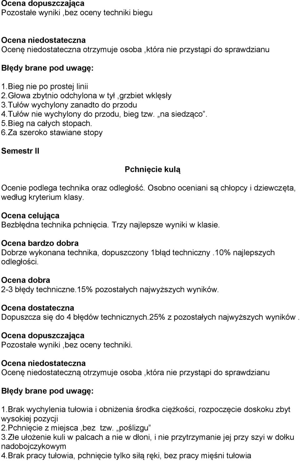 Za szeroko stawiane stopy I Pchnięcie kulą Ocenie podlega technika oraz odległość. Osobno oceniani są chłopcy i dziewczęta, według kryterium klasy. Bezbłędna technika pchnięcia.