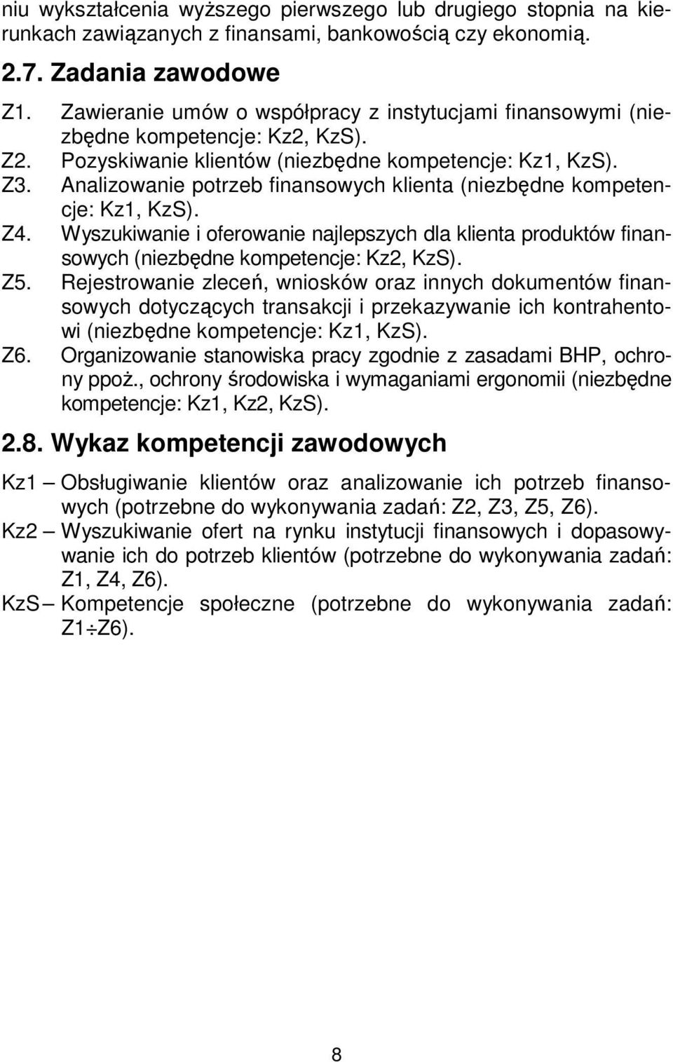 Analizowanie potrzeb finansowych klienta (niezbędne kompetencje: Kz1, KzS). Z4. Wyszukiwanie i oferowanie najlepszych dla klienta produktów finansowych (niezbędne kompetencje: Kz2, KzS). Z5.