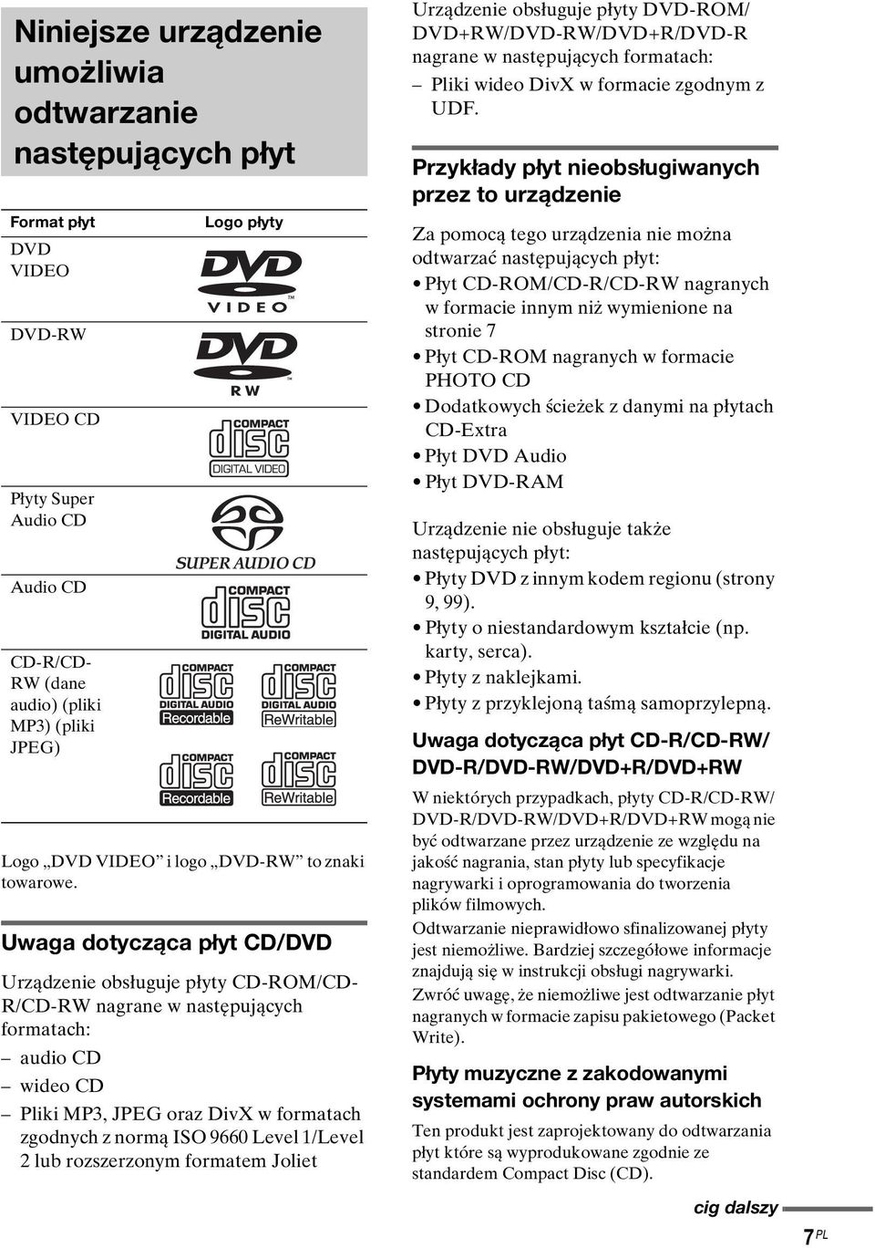 dotycząca płyt CD/DVD Urządzenie obsługuje płyty CD-ROM/CD- R/CD-RW nagrane w następujących formatach: audio CD wideo CD Pliki MP3, JPEG oraz DivX w formatach zgodnych z normą ISO 9660 Level 1/Level