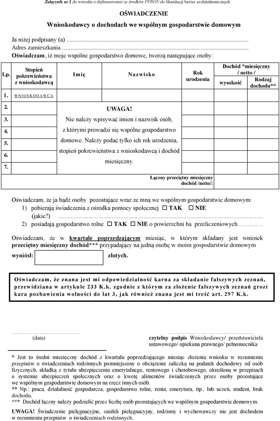 Stopień pokrewieństwa z wnioskodawcą Imię Nazwisko Rok urodzenia Dochód *miesięczny / netto / Rodzaj wysokość dochodu** 1. W N I O S K O D A W C A 2. UWAGA! 3. 4. 5. 6. 7.