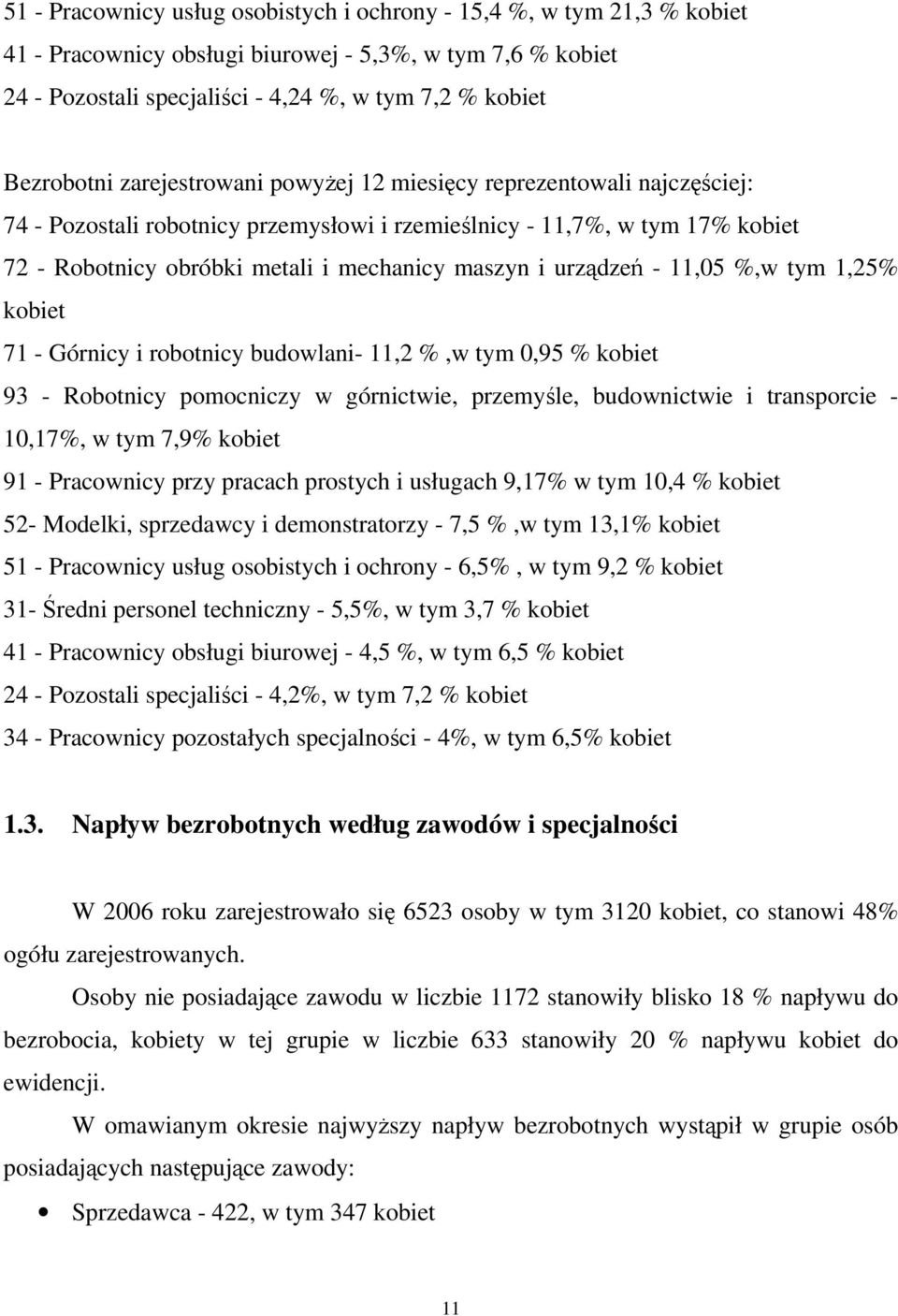 11,05 %,w tym 1,25% kobiet 71 - Górnicy i robotnicy budowlani- 11,2 %,w tym 0,95 % kobiet 93 - Robotnicy pomocniczy w górnictwie, przemyle, budownictwie i transporcie - 10,17%, w tym 7,9% kobiet 91 -