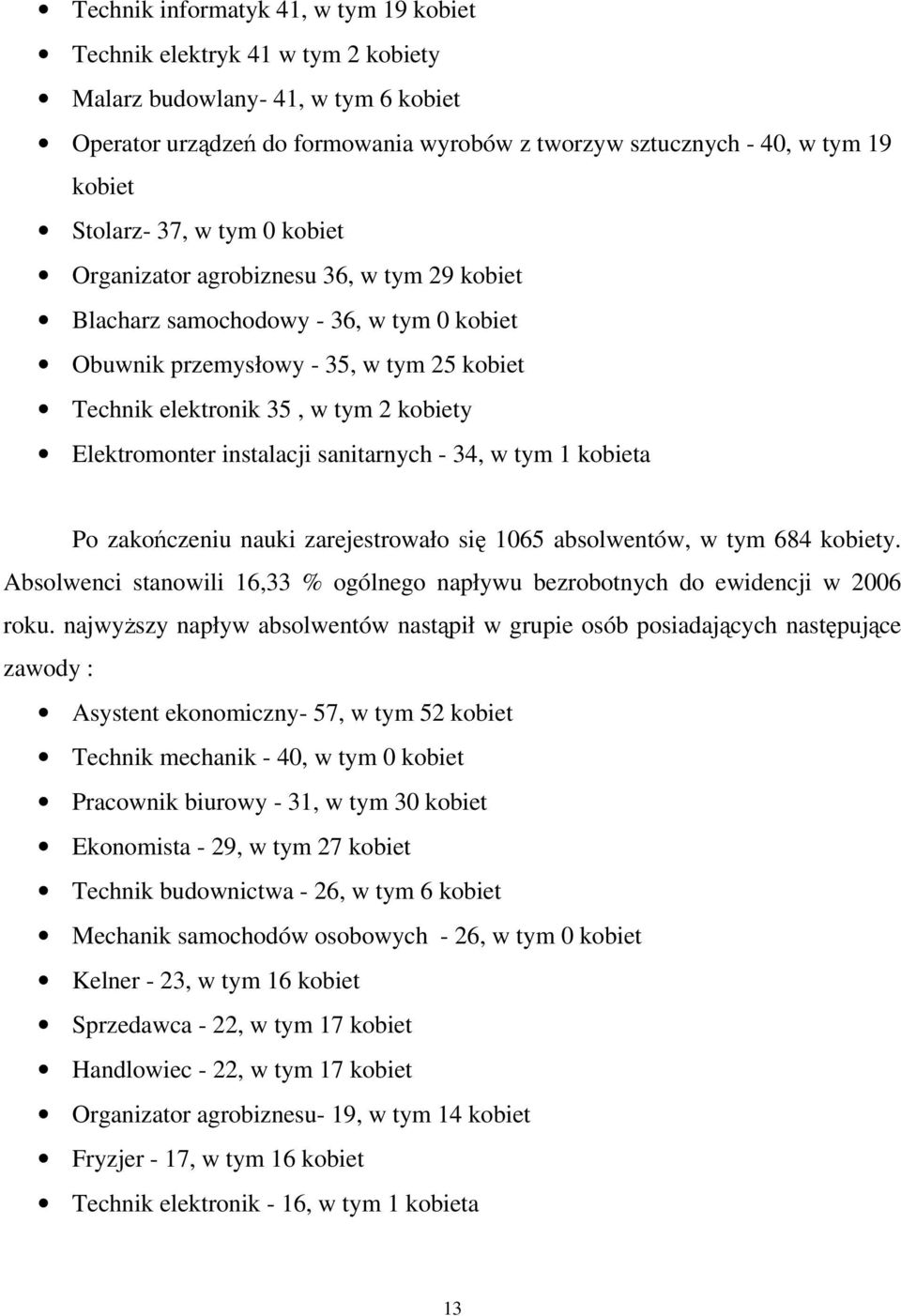 Elektromonter instalacji sanitarnych - 34, w tym 1 kobieta Po zakoczeniu nauki zarejestrowało si 1065 absolwentów, w tym 684 kobiety.
