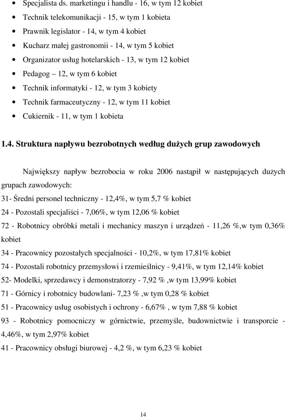 hotelarskich - 13, w tym 12 kobiet Pedagog 12, w tym 6 kobiet Technik informatyki - 12, w tym 3 kobiety Technik farmaceutyczny - 12, w tym 11 kobiet Cukiernik - 11, w tym 1 kobieta 1.4.