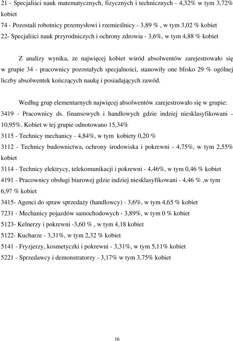 blisko 29 % ogólnej liczby absolwentek koczcych nauk i posiadajcych zawód. Według grup elementarnych najwicej absolwentów zarejestrowało si w grupie: 3419 - Pracownicy ds.