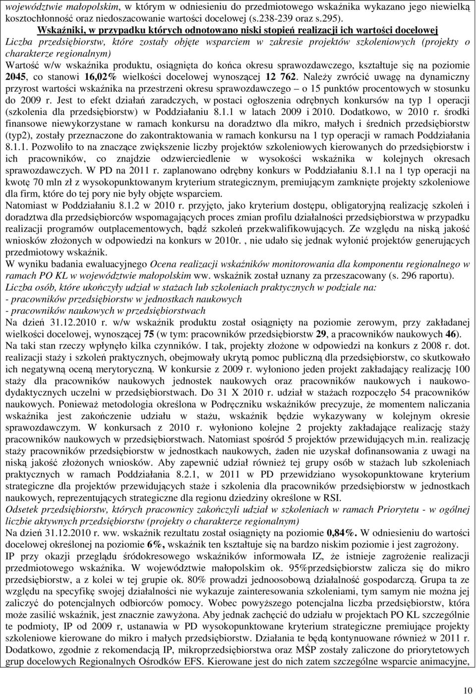 charakterze regionalnym) Wartość w/w wskaźnika produktu, osiągnięta do końca okresu sprawozdawczego, kształtuje się na poziomie 2045, co stanowi 16,02% wielkości docelowej wynoszącej 12 762.