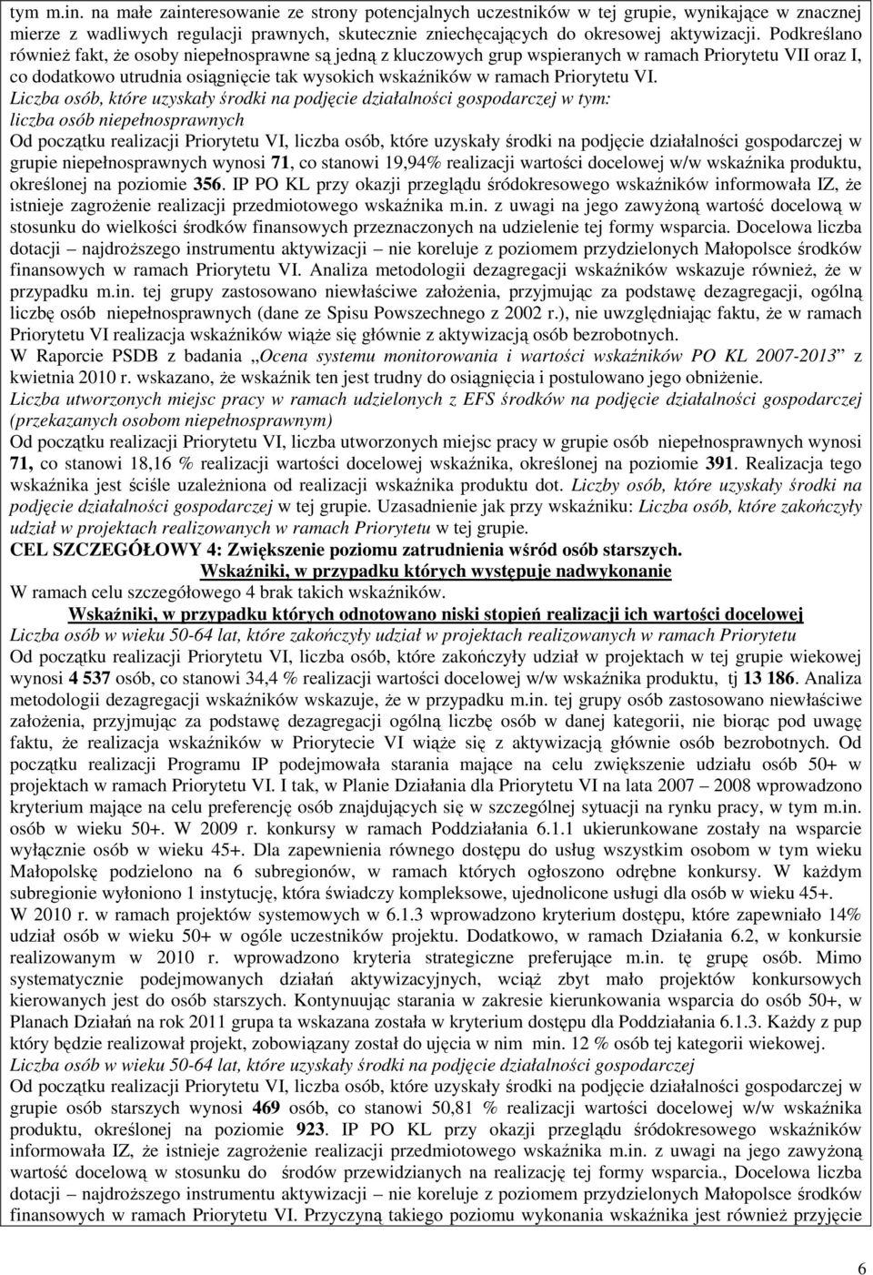 VI. Liczba osób, które uzyskały środki na podjęcie działalności gospodarczej w tym: liczba osób niepełnosprawnych Od początku realizacji Priorytetu VI, liczba osób, które uzyskały środki na podjęcie