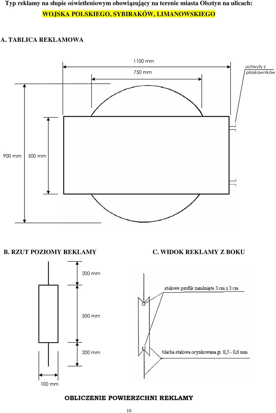 TABLICA REKLAMOWA 1100 mm uchwyty z 750 mm płaskowników 900 mm 500 mm B.