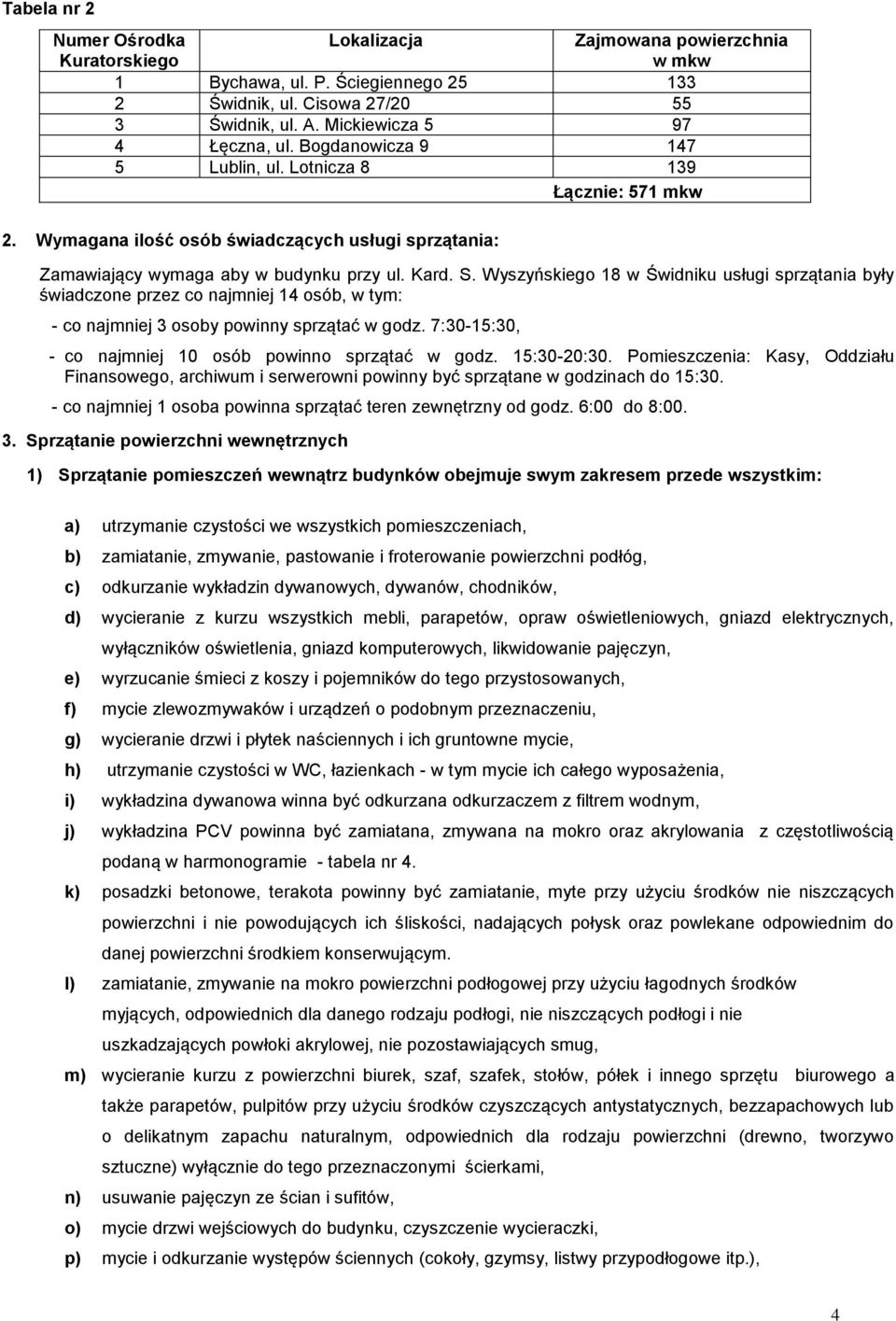 Wyszyńskiego 18 w Świdniku usługi sprzątania były świadczone przez co najmniej 14 osób, w tym: - co najmniej 3 osoby powinny sprzątać w godz. 7:30-15:30, - co najmniej 10 osób powinno sprzątać w godz.