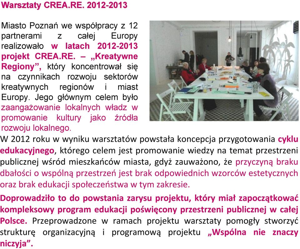 W 2012 roku w wyniku warsztatów powstała koncepcja przygotowania cyklu edukacyjnego, którego celem jest promowanie wiedzy na temat przestrzeni publicznej wśród mieszkańców miasta, gdyż zauważono, że