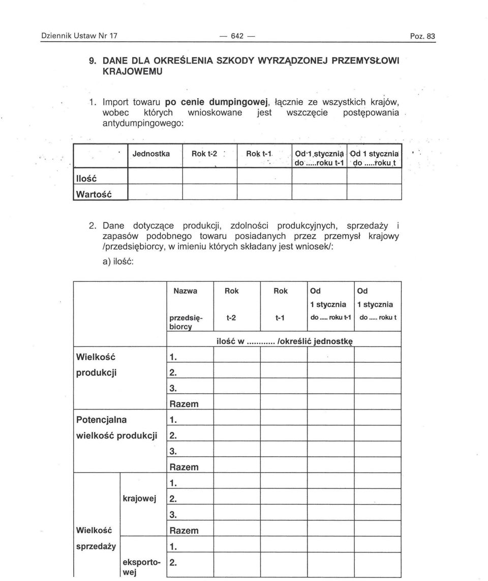 antydumpingowego: Ilość Jednostka Rok t~2 Rok t-. Od 1. styczni~,od 1 stycznia do... roku 