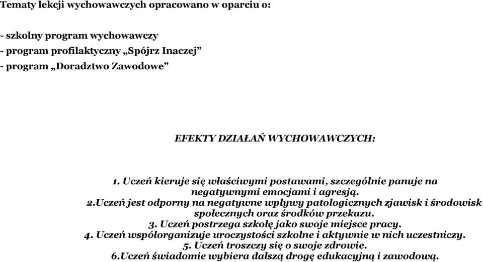 Uczeń jest odporny na negatywne wpływy patologicznych zjawisk i środowisk społecznych oraz środków przekazu. 3.