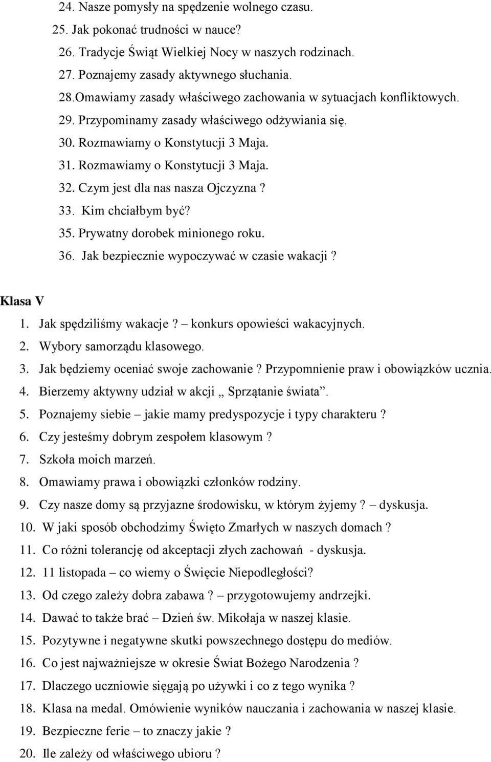 Czym jest dla nas nasza Ojczyzna? 33. Kim chciałbym być? 35. Prywatny dorobek minionego roku. 36. Jak bezpiecznie wypoczywać w czasie wakacji? Klasa V 1. Jak spędziliśmy wakacje?