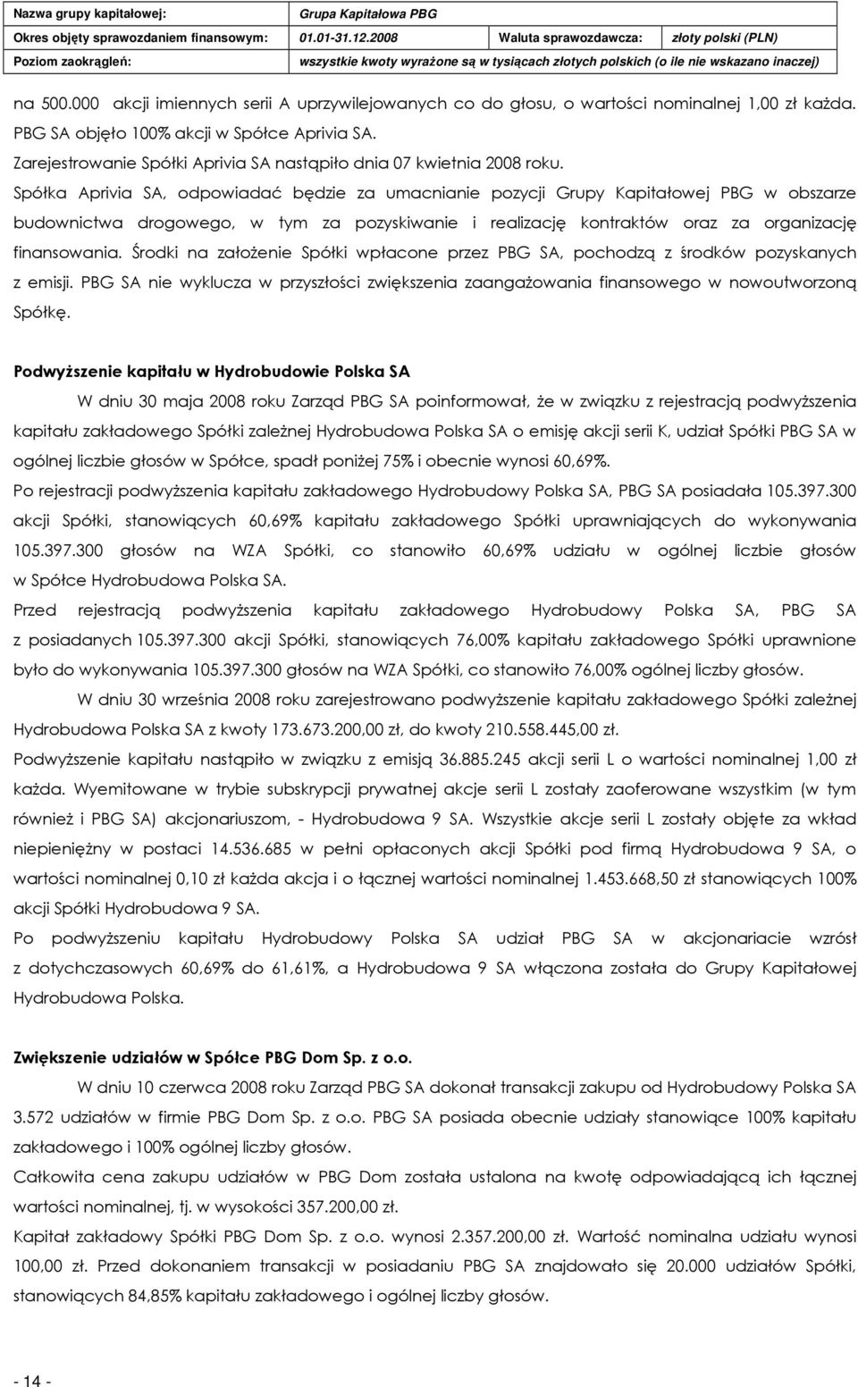 Spółka Aprivia SA, odpowiadać będzie za umacnianie pozycji Grupy Kapitałowej PBG w obszarze budownictwa drogowego, w tym za pozyskiwanie i realizację kontraktów oraz za organizację finansowania.