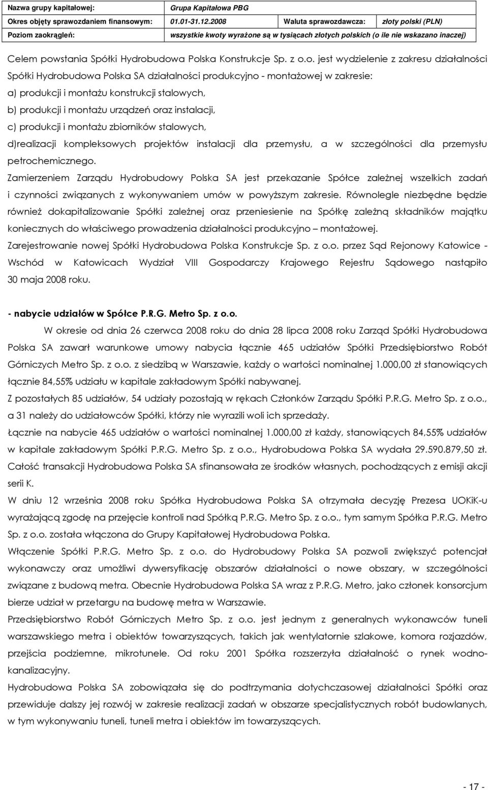 udowa Polska Konstrukcje Sp. z o.o. jest wydzielenie z zakresu działalności Spółki Hydrobudowa Polska SA działalności produkcyjno - montaŝowej w zakresie: a) produkcji i montaŝu konstrukcji
