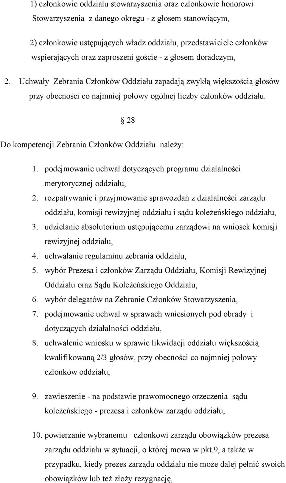28 Do kompetencji Zebrania Członków Oddziału należy: 1. podejmowanie uchwał dotyczących programu działalności merytorycznej oddziału, 2.