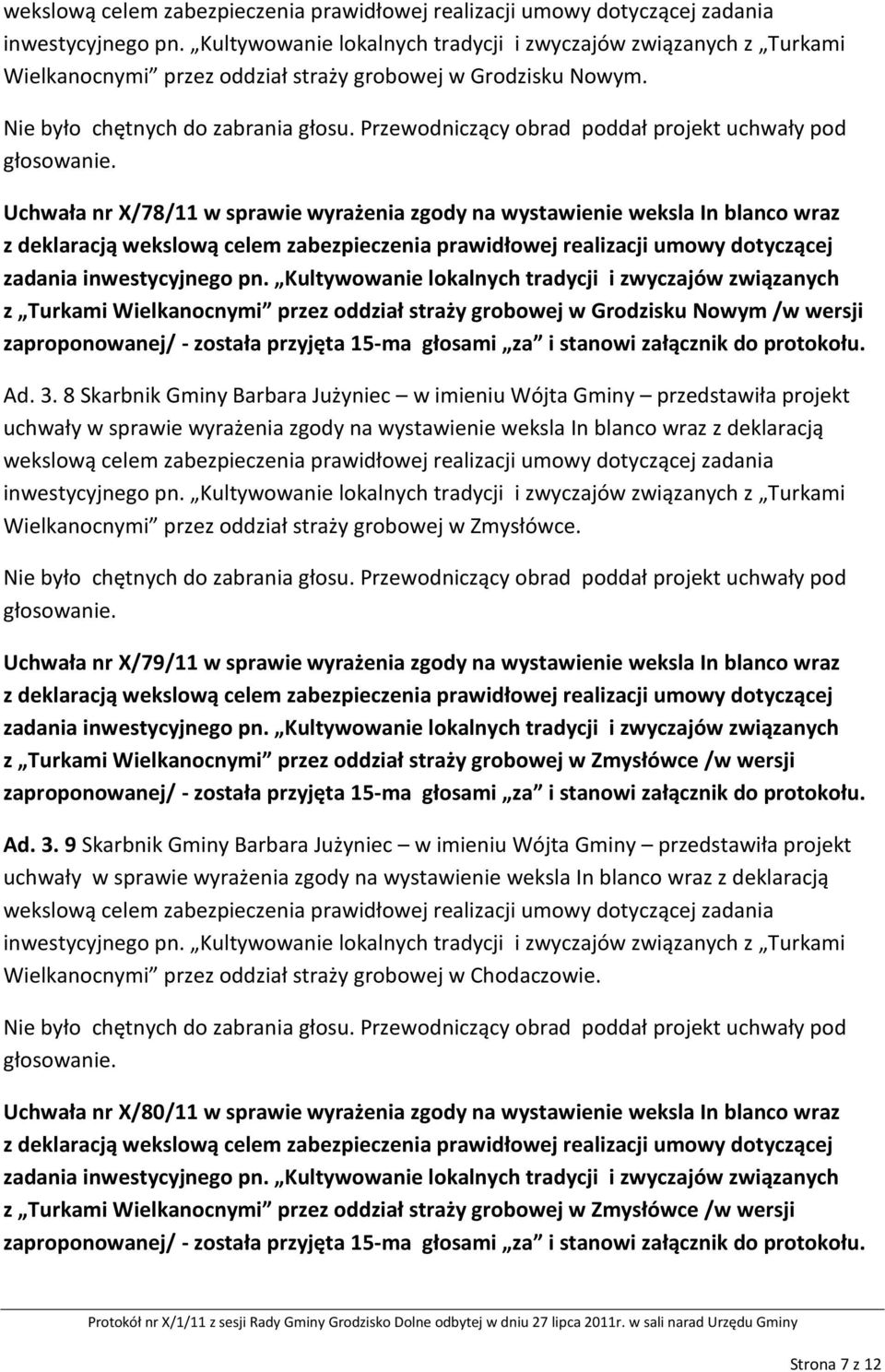 Kultywowanie lokalnych tradycji i zwyczajów związanych z Turkami Wielkanocnymi przez oddział straży grobowej w Grodzisku Nowym /w wersji zaproponowanej/ - została przyjęta 15-ma głosami za i stanowi