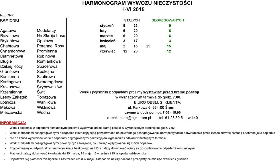 Kartingowa Szmaragdowa Krokusowa Szybowników Krzemienna Świt Leśny Zakątek Topazowa w wyznaczonym terminie do godz. 7.00.