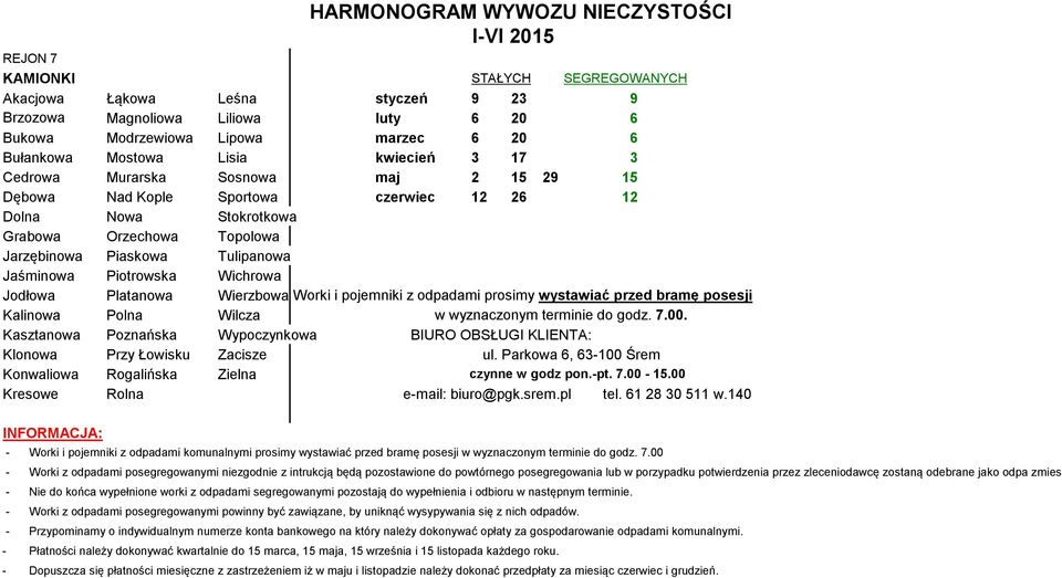 Piotrowska Wichrowa Jodłowa Platanowa Wierzbowa Kalinowa Polna Wilcza w wyznaczonym terminie do godz. 7.00.