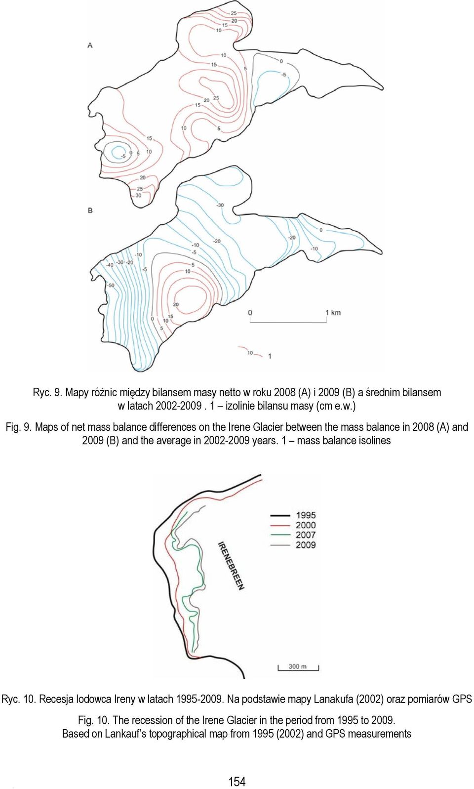 1 mass balance isolines Ryc. 10. Recesja lodowca Ireny w latach 1995-2009. Na podstawie mapy Lanakufa (2002) oraz pomiarów GPS Fig. 10. The recession of the Irene Glacier in the period from 1995 to 2009.