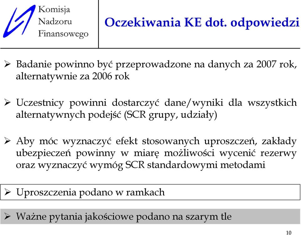 dostarczyć dane/wyniki dla wszystkich alternatywnych podejść (SCR grupy, udziały) Aby móc wyznaczyć efekt