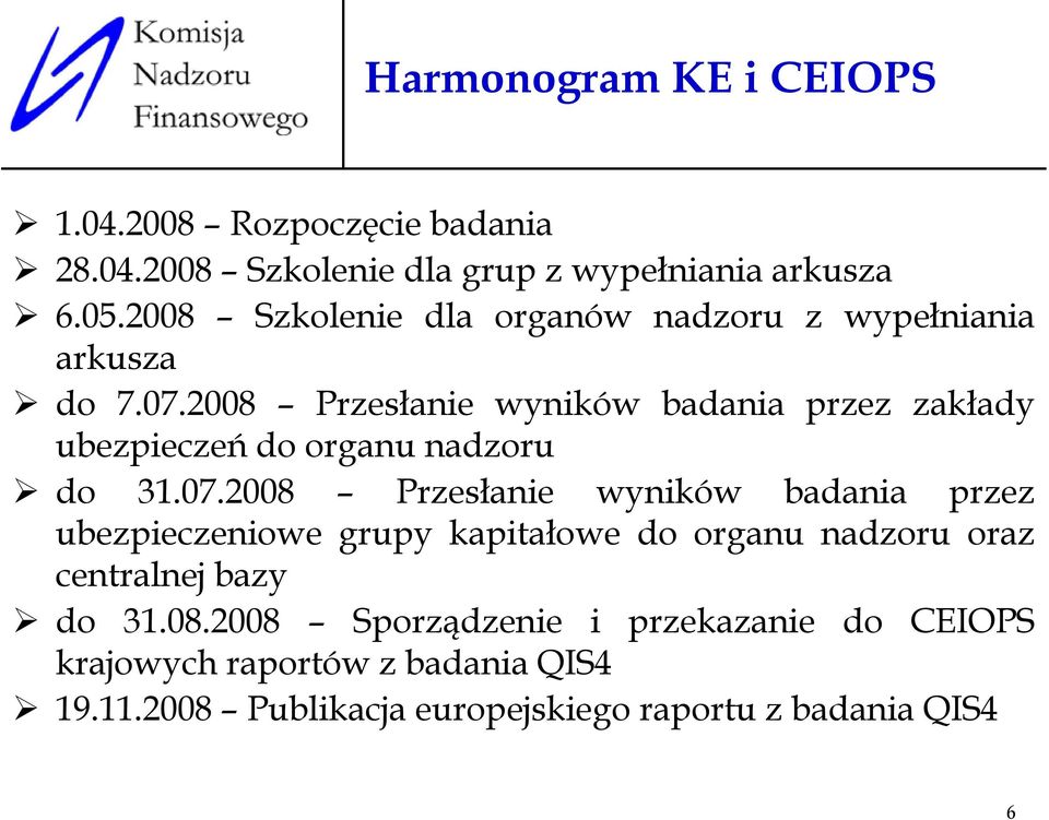 2008 Przesłanie wyników badania przez zakłady ubezpieczeń do organu nadzoru do 31.07.