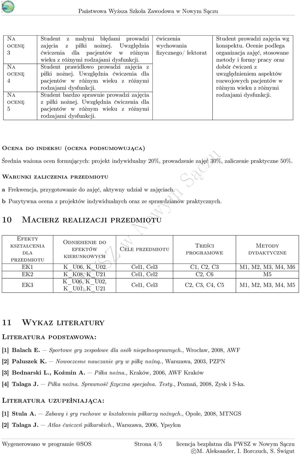 Uwzględnia dla pacjentów w różnym wieku z różnymi Student bardzo sprawnie prowadzi zajęcia z pi lki nożnej. Uwzględnia dla pacjentów w różnym wieku z różnymi Student prowadzi zajęcia wg konspektu.