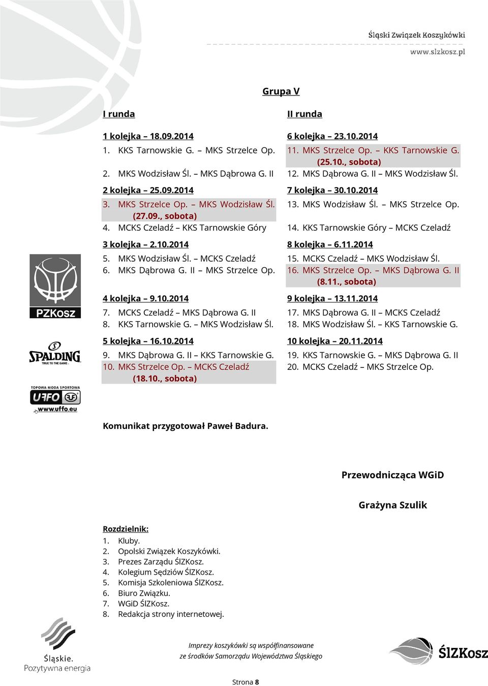 MKS Strzelce Op. KKS Tarnowskie G. (25.10., sobota) 12. MKS Dąbrowa G. II MKS Wodzisław Śl. 13. MKS Wodzisław Śl. MKS Strzelce Op. 14. KKS Tarnowskie Góry MCKS Czeladź 15.