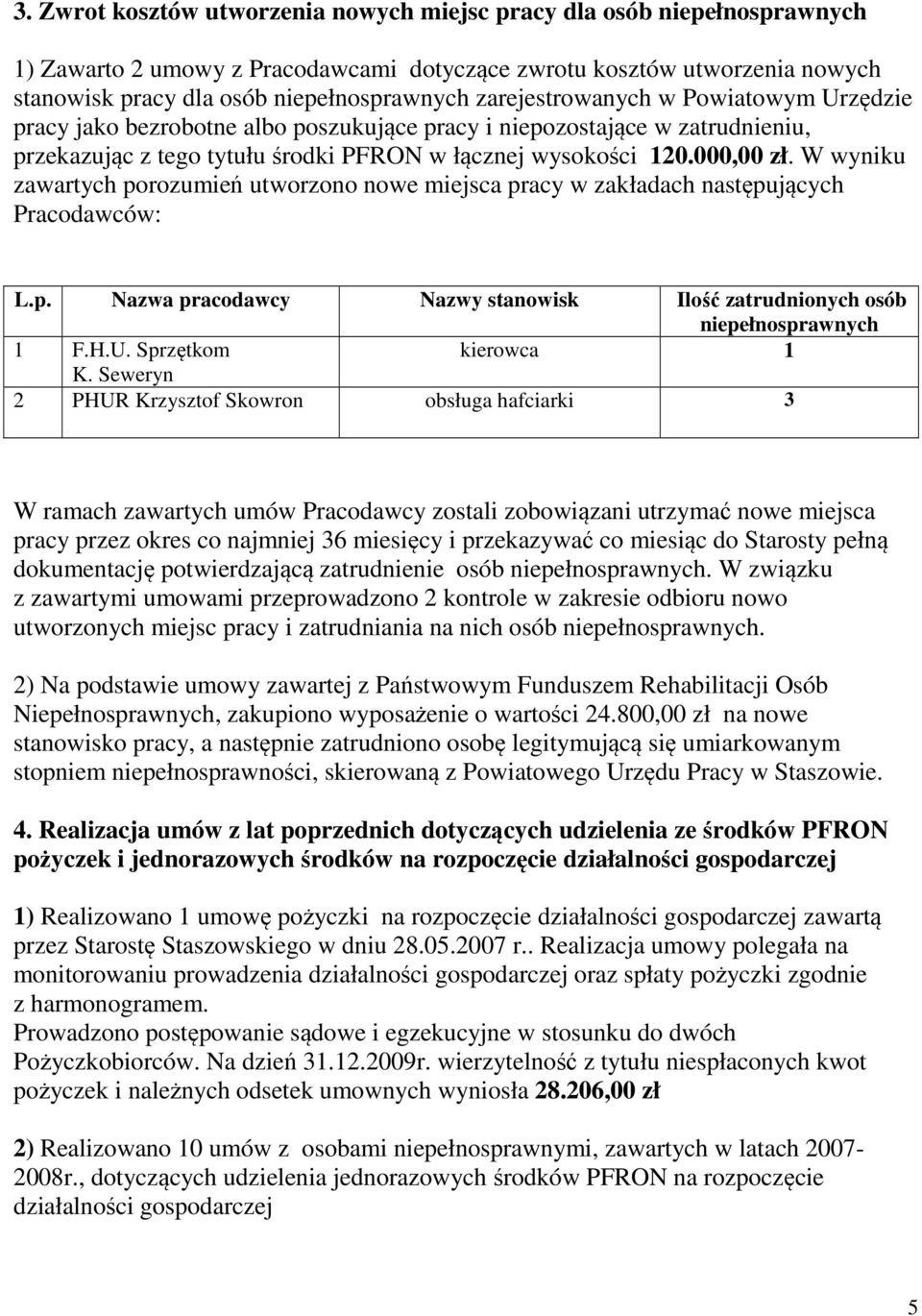 W wyniku zawartych porozumień utworzono nowe miejsca pracy w zakładach następujących Pracodawców: L.p. Nazwa pracodawcy Nazwy stanowisk Ilość zatrudnionych osób niepełnosprawnych 1 F.H.U.