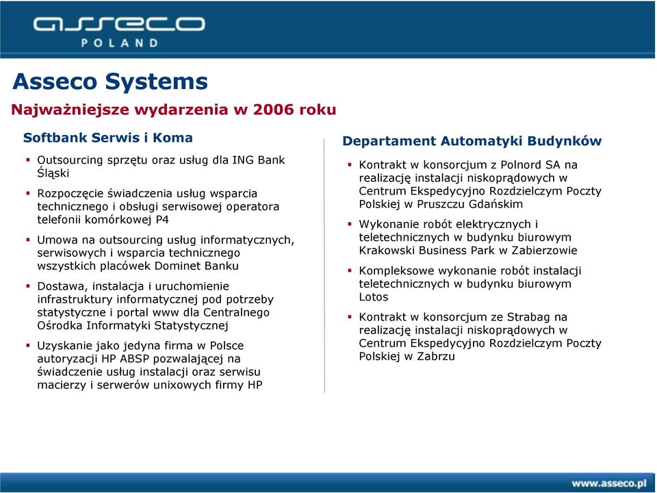informatycznej pod potrzeby statystyczne i portal www dla Centralnego Ośrodka Informatyki Statystycznej Uzyskanie jako jedyna firma w Polsce autoryzacji HP ABSP pozwalającej na świadczenie usług