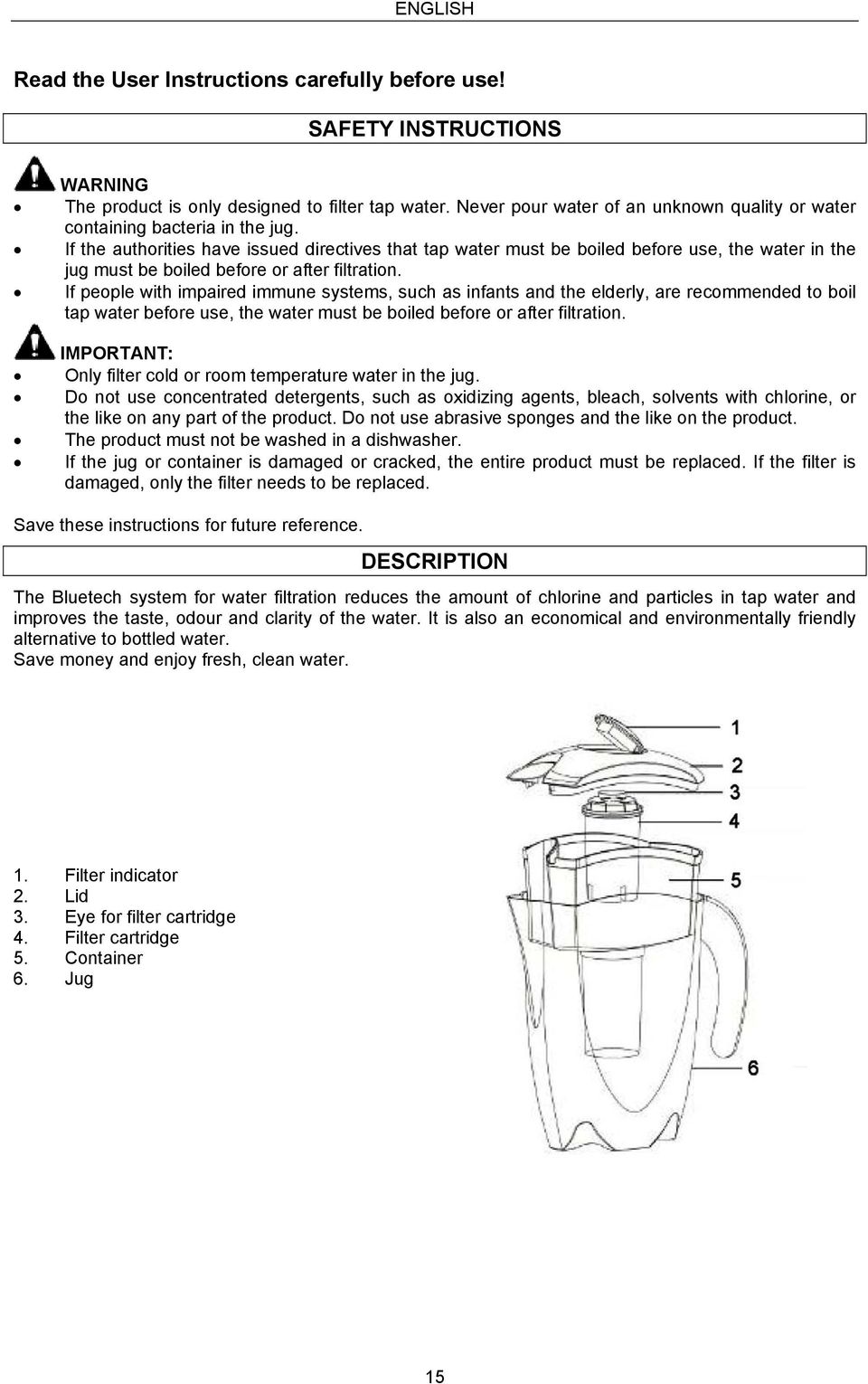 If the authorities have issued directives that tap water must be boiled before use, the water in the jug must be boiled before or after filtration.