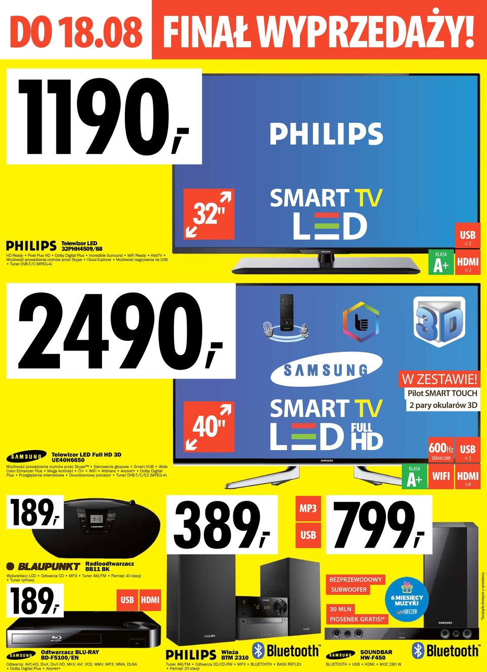 Pilot SMART TOUCH 2 pary okularów 3D 40" Telewizor LED Full HD 3D UE40H6650 Możliwość prowadzenia rozmów przez Skype Sterowanie głosowe Smart HUB Wide Color Enhancer Plus Mega kontrast CI+ WiFi