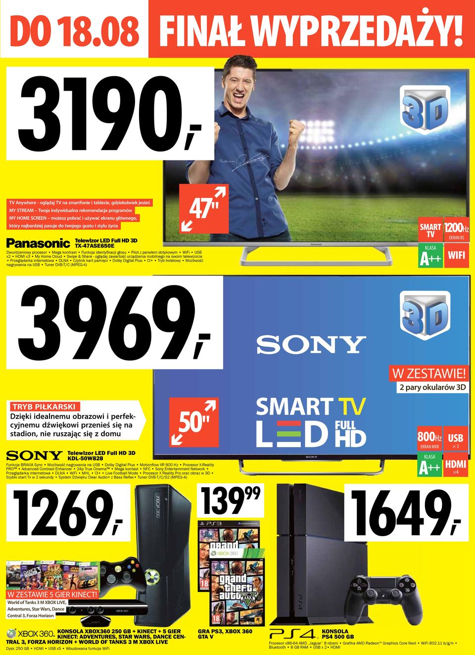TX-47ASE650E Dwurdzeniowy procesor Mega kontrast Funkcja identyfi kacji głosu Pilot z panelem dotykowym WiFi x2 x3 My Home Cloud Swipe & Share - oglądaj zawartość urządzenia mobilnego na swoim
