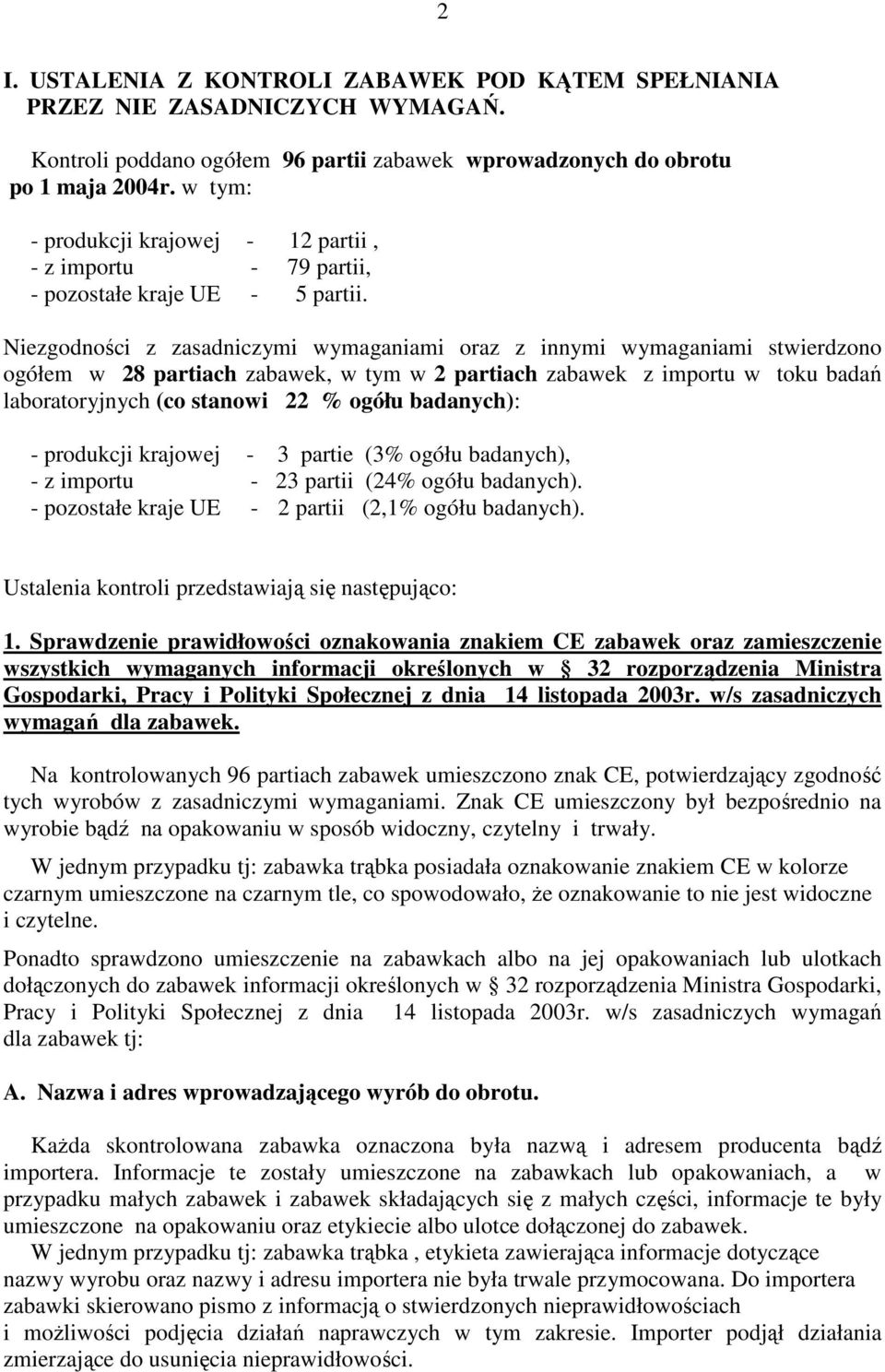 Niezgodności z zasadniczymi wymaganiami oraz z innymi wymaganiami stwierdzono ogółem w 28 partiach zabawek, w tym w 2 partiach zabawek z importu w toku badań laboratoryjnych (co stanowi 22 % ogółu