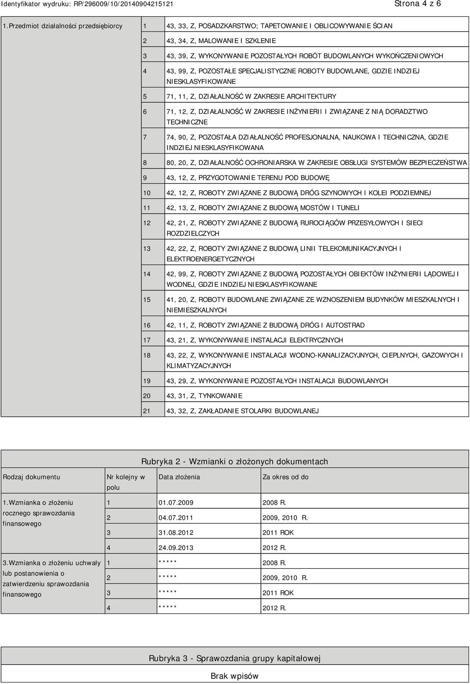 Z, POZOSTAŁE SPECJALISTYCZNE ROBOTY BUDOWLANE, GDZIE INDZIEJ SKLASYFIKOWANE 5 71, 11, Z, DZIAŁALNOŚĆ W ZAKRESIE ARCHITEKTURY 6 71, 12, Z, DZIAŁALNOŚĆ W ZAKRESIE INŻYRII I ZWIĄZANE Z NIĄ DORADZTWO