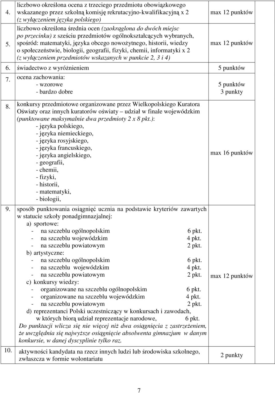 fizyki, chemii, informatyki x 2 (z wyłączeniem przedmiotów wskazanych w punkcie 2, 3 i 4) 6. świadectwo z wyróŝnieniem 5 punktów 7. ocena zachowania: - wzorowe - bardzo dobre 5 punktów 3 punkty 8.