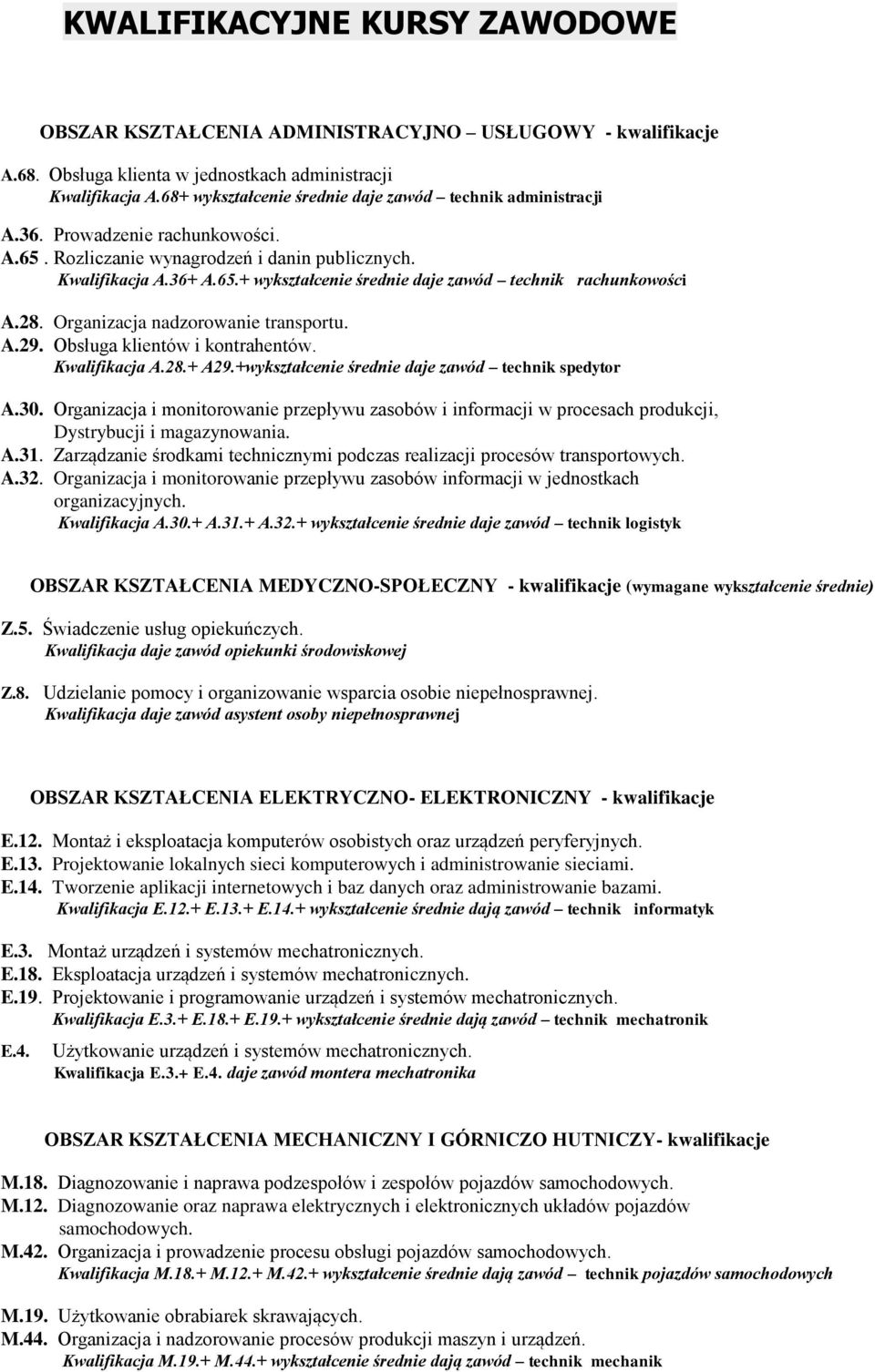 28. Organizacja nadzorowanie transportu. A.29. Obsługa klientów i kontrahentów. Kwalifikacja A.28.+ A29.+wykształcenie średnie daje zawód technik spedytor A.30.