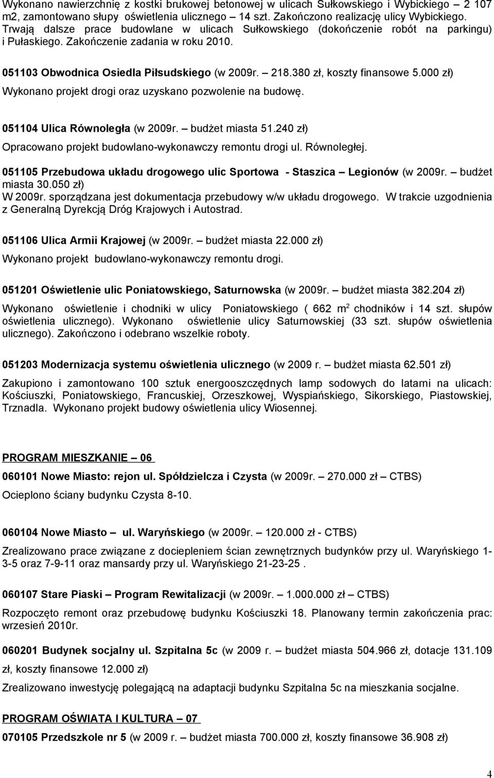 380 zł, koszty finansowe 5.000 zł) Wykonano projekt drogi oraz uzyskano pozwolenie na budowę. 051104 Ulica Równoległa (w 2009r. budżet miasta 51.