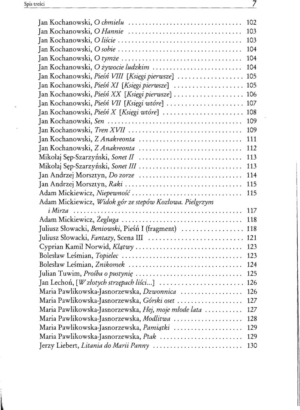 Kochanowski, Pieśń X [Księgi wtóre] 108 Jan Kochanowski, Sen 109 Jan Kochanowski, Tren XVII 109 Jan Kochanowski, Z Anakreonta 111 Jan Kochanowski, Z Anakreonta 112 Mikołaj Sęp-Szarzyński, Sonet II