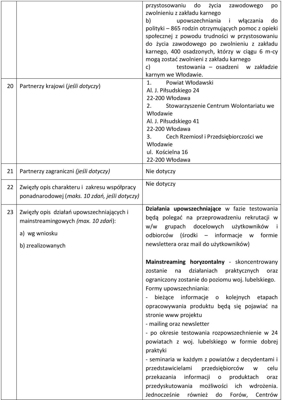 z zakładu karnego c) testowania osadzeni w zakładzie karnym we Włodawie. 1. Powiat Włodawski Al. J. Piłsudskiego 24 2. Stowarzyszenie Centrum Wolontariatu we Włodawie Al. J. Piłsudskiego 41 3.