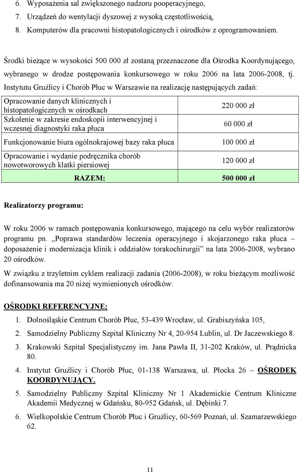 Instytutu Gruźlicy i Chorób Płuc w Warszawie na realizację następujących zadań: Opracowanie danych klinicznych i histopatologicznych w ośrodkach Szkolenie w zakresie endoskopii interwencyjnej i