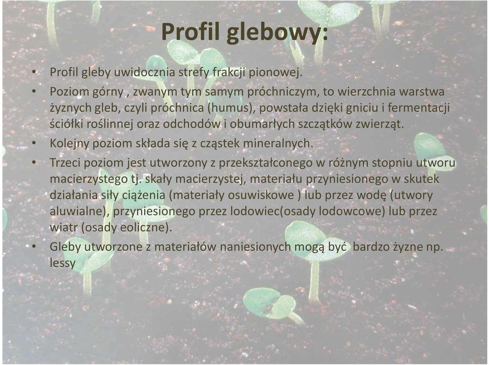 obumarłych szczątków zwierząt. Kolejny poziom składa się z cząstek mineralnych. Trzeci poziom jest utworzony z przekształconego w różnym stopniu utworu macierzystego tj.