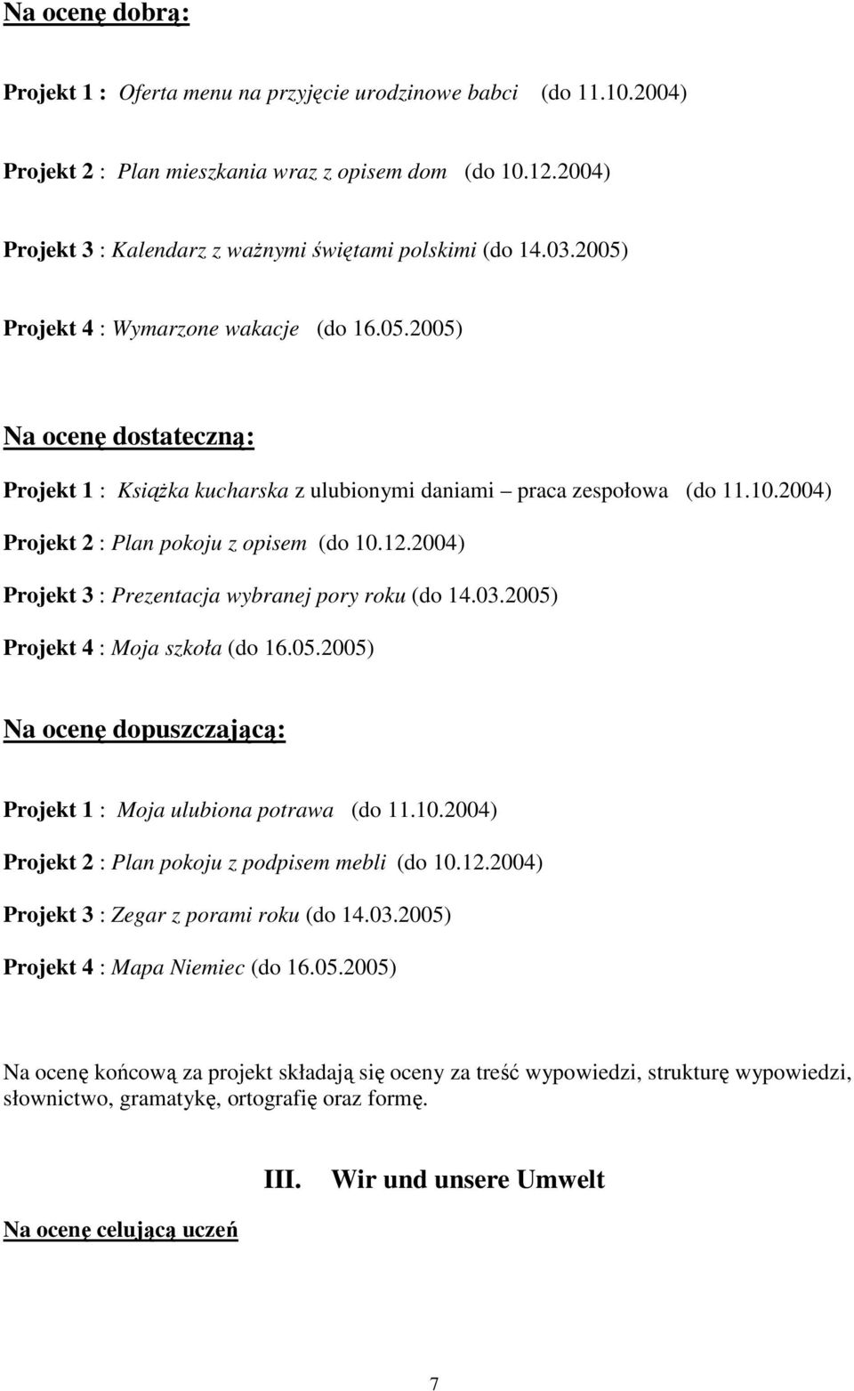 10.2004) Projekt 2 : Plan pokoju z opisem (do 10.12.2004) Projekt 3 : Prezentacja wybranej pory roku (do 14.03.2005) Projekt 4 : Moja szkoła (do 16.05.2005) Na ocenę dopuszczającą: Projekt 1 : Moja ulubiona potrawa (do 11.